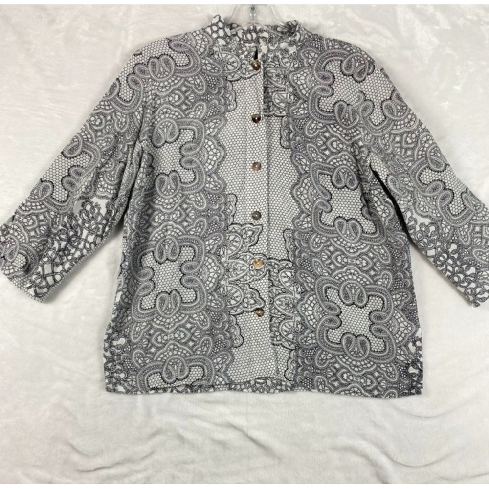 Citron Santa Monica 100% Silk Shirt Sz M Petite Gray Whimsical Mandarin Collar